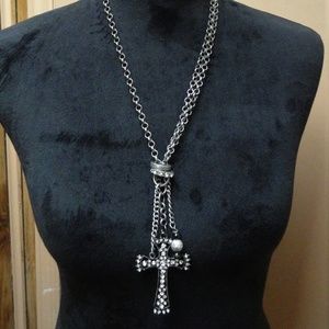 Pewter Black Rhinestone Cross Necklace
